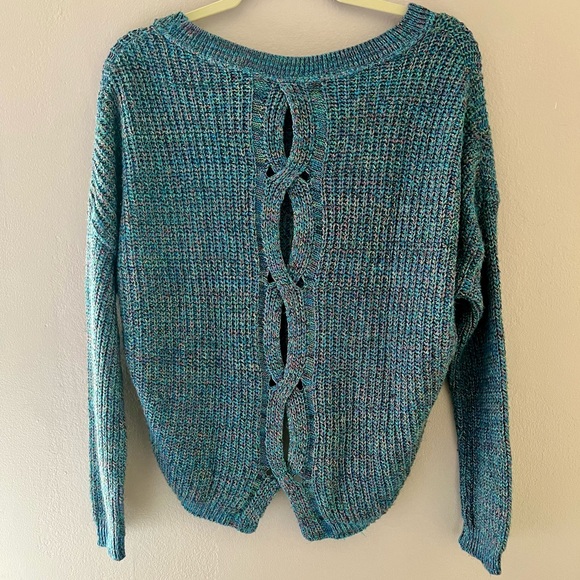 Express Open Back Braided Knit Sweater, Multicolored/Blue - Picture 2 of 7
